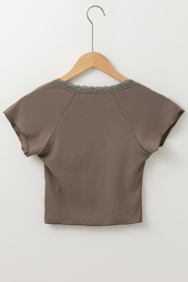 Dark Brown Lace Splicing Criss Cross Slim Fit V Neck T Shirt - Love Salve
